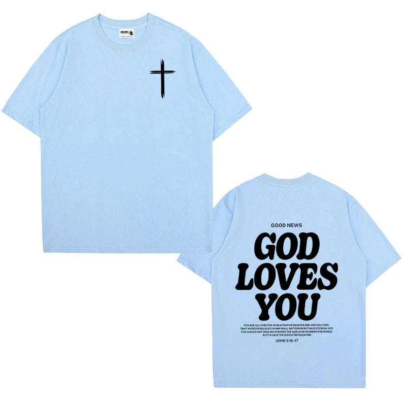 Christian Jesus Church Bible Verse God Loves You printed short sleeve T-shirts Fashion Oversized Casual Tops Unisex Streetwear