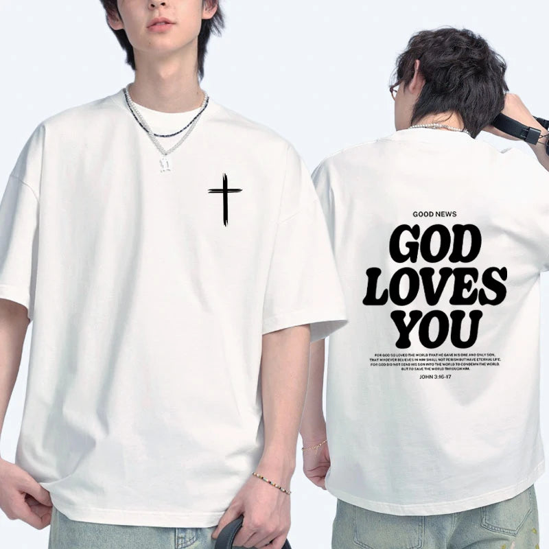 Christian Jesus Church Bible Verse God Loves You printed short sleeve T-shirts Fashion Oversized Casual Tops Unisex Streetwear